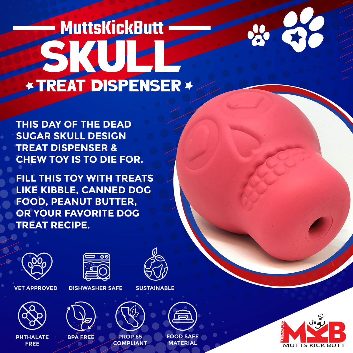 Sugar Skull Dog Chew Toy & Treat Dispenser - USA Made | SodaPup - SodaPup/True Dogs, LLC - Flyclothing LLC
