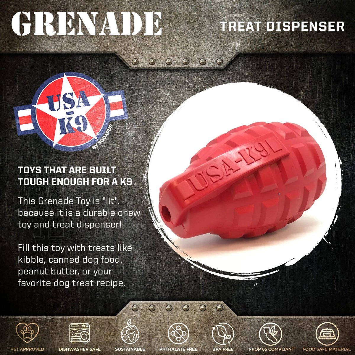 USA-K9 Grenade Shaped eDispenser Durable Dog Chew Toy & Treat Dispenser - Magnum Black - SodaPup/True Dogs, LLC - Flyclothing LLC