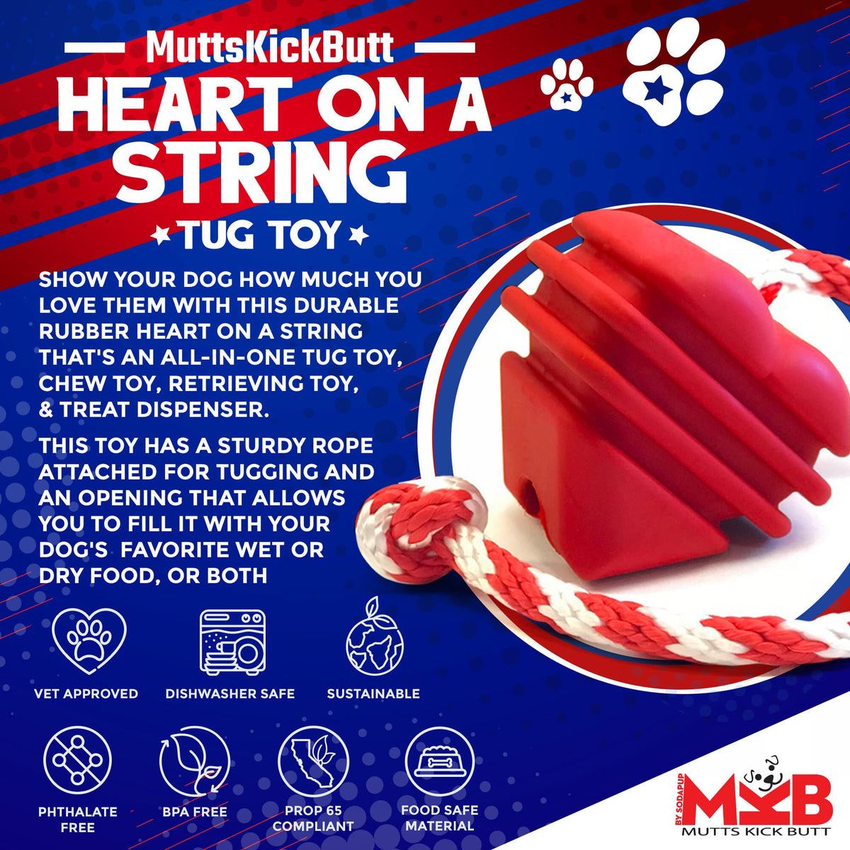 Heart on a String Dog Toy - Durable Rubber Tug Toy for Large Dogs | USA Made - SodaPup/True Dogs, LLC - Flyclothing LLC