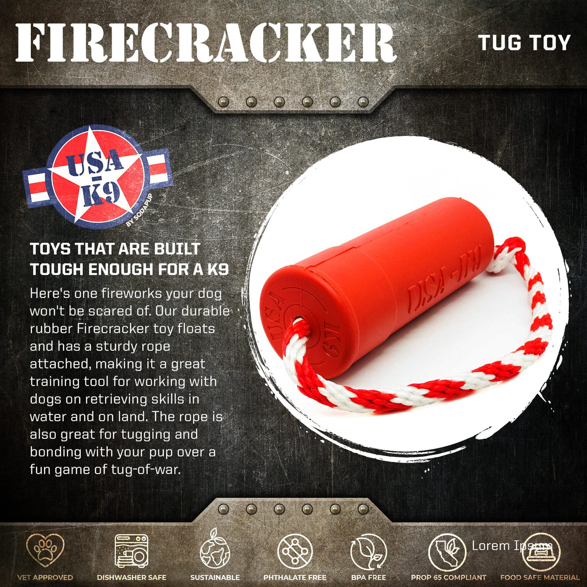 USA-K9 Firecracker Floating Training Dummy | K9 Handler Reward Toy | Red | USA Made - SodaPup/True Dogs, LLC - Flyclothing LLC