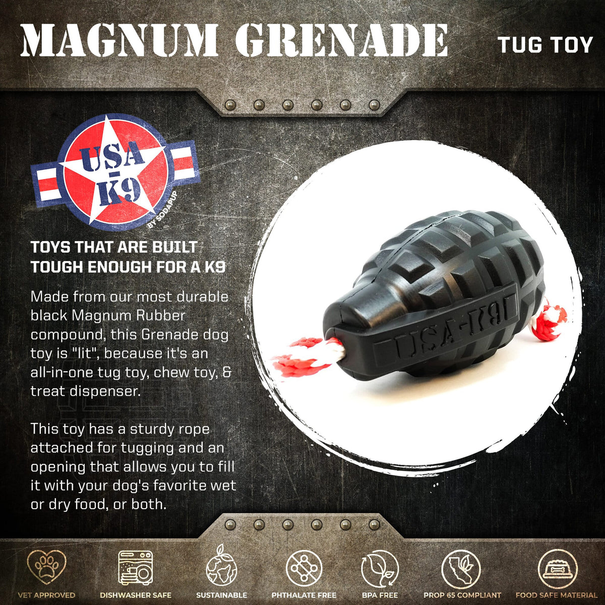 USA-K9 Magnum Grenade - Black Magnum Rubber Chew Toy for Extreme Chewers | USA Made - SodaPup/True Dogs, LLC - Flyclothing LLC