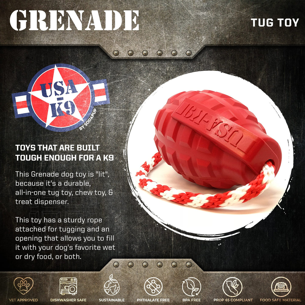 USA-K9 Grenade Rubber Dog Chew Toy | K9 Handler Reward Toy | USA Made - SodaPup/True Dogs, LLC - Flyclothing LLC
