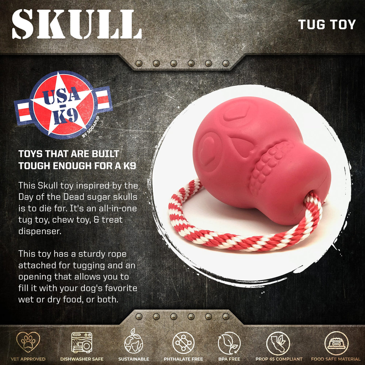 USA-K9 Skull Dog Chew Toy & Treat Dispenser - Made in USA | SodaPup - SodaPup/True Dogs, LLC - Flyclothing LLC