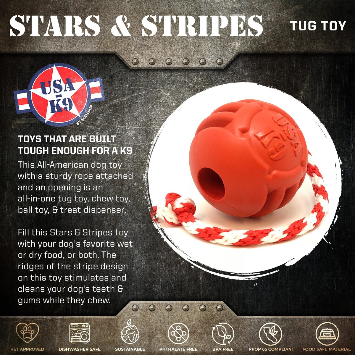USA-K9 Stars and Stripes Rubber Dog Toy | K9 Handler Reward Toy | Red | USA Made - SodaPup/True Dogs, LLC - Flyclothing LLC