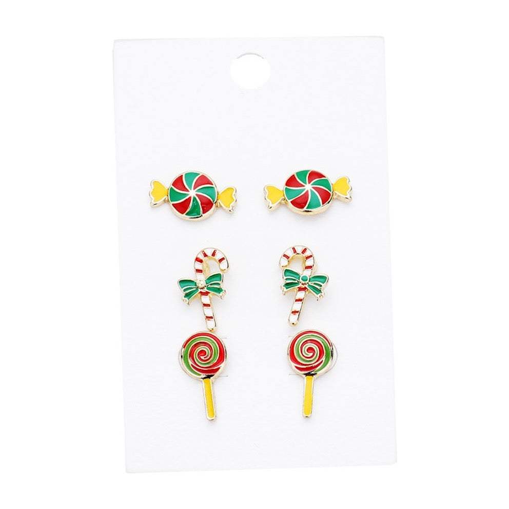 3 Pairs Christmas Enamel Peppermint Candy Cane Lollipop Holiday Charm Stud Earrings - Madeline Love - Flyclothing LLC