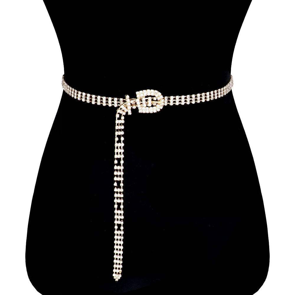 3 Rows Rhinestone Pave Embellished Detail Buckle Belt - Madeline Love - Flyclothing LLC