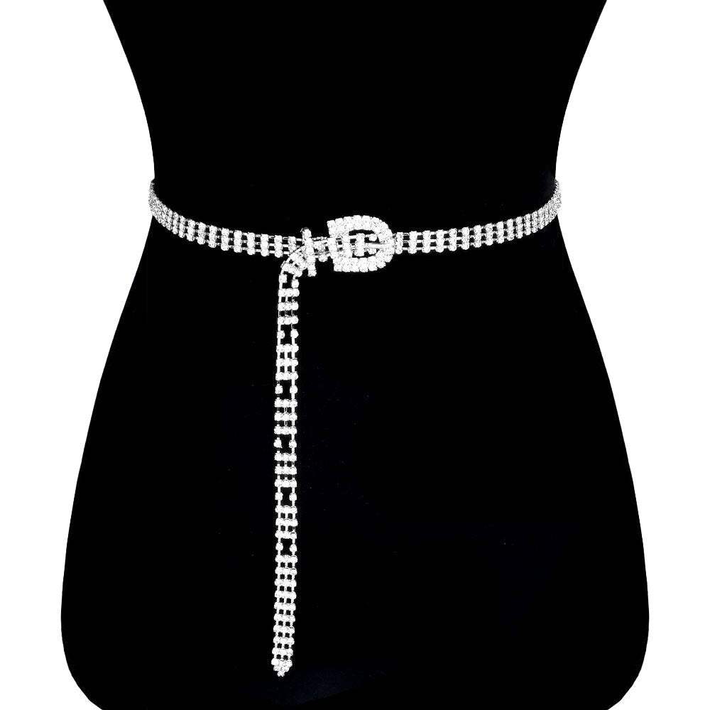 3 Rows Rhinestone Pave Embellished Detail Buckle Belt - Madeline Love - Flyclothing LLC