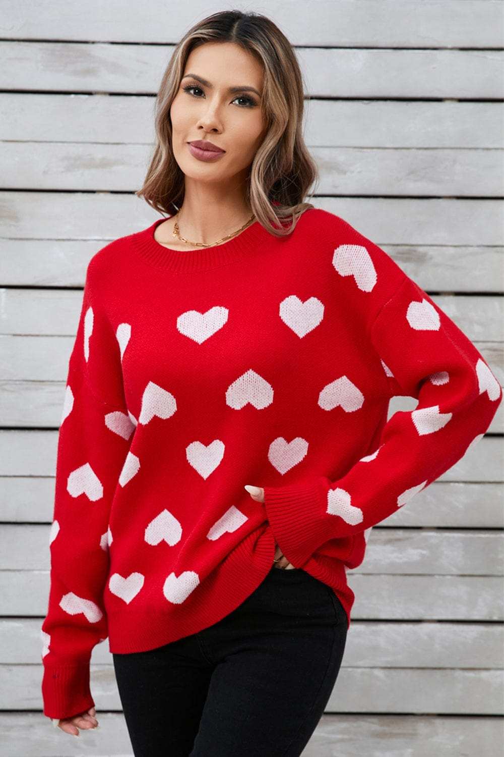 Angel Wings Heart Round Neck Long Sleeve Sweater - Trendsi - Flyclothing LLC