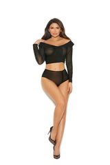 Elegant Moments Off the shoulder long sleeve mesh top with collar, buttons and matching high waisted panty with ruched back - Elegant Moments - Flyclothing LLC