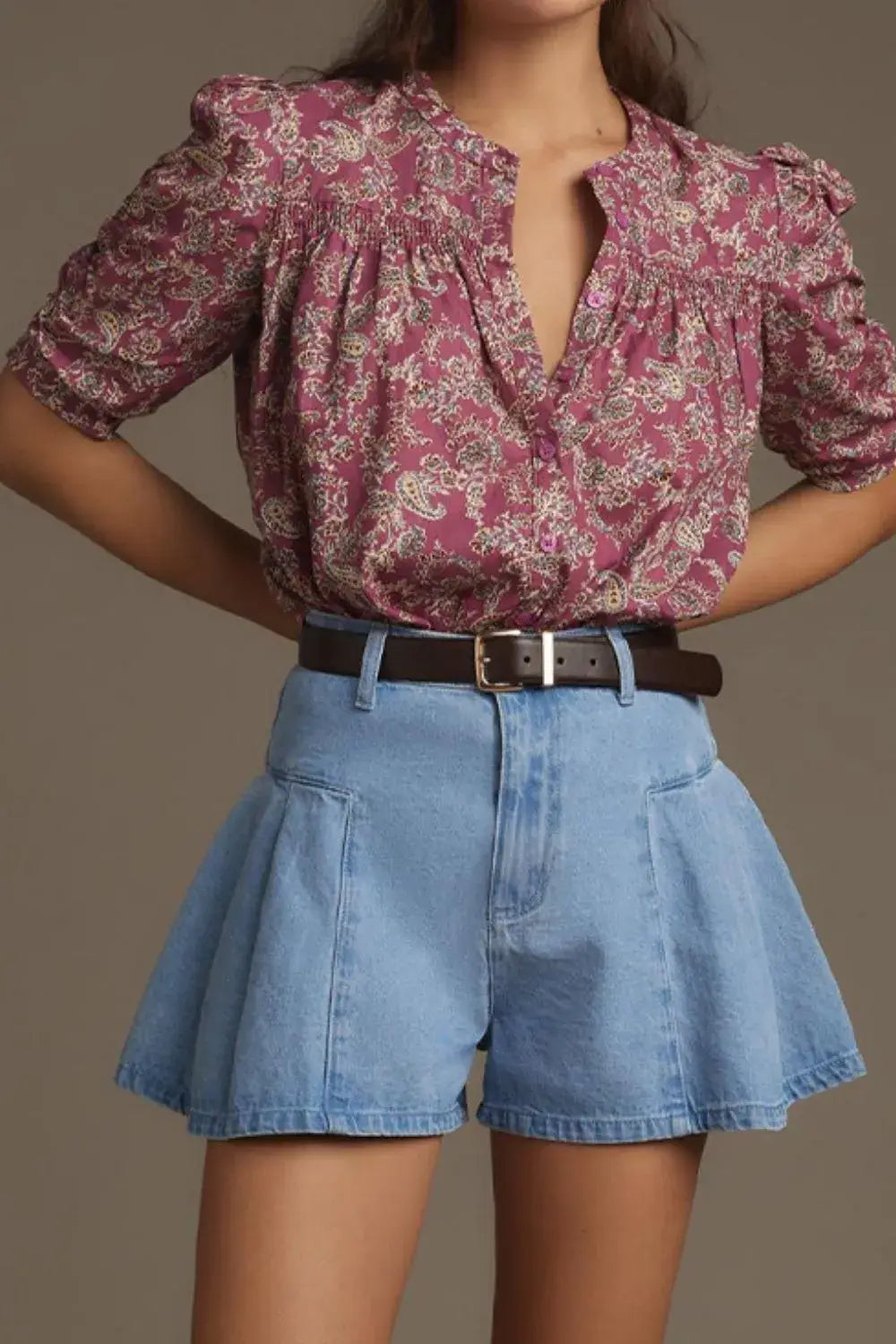 Pleated Patchwork Panel Lightweight Denim Shorts - Trendsi - Flyclothing LLC