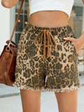 Raw Hem Drawstring Leopard Denim Shorts - Trendsi - Flyclothing LLC