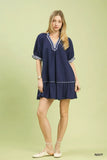 Umgee French Terry Mini Dress with Ruffled Striped Trim - Trendsi - Flyclothing LLC