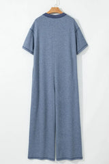 Placket Chest Pockets Short Sleeve Wide Leg Jumpsuit - Trendsi - Flyclothing LLC