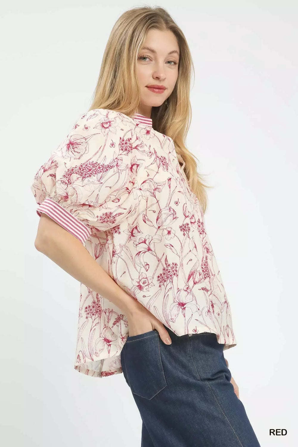 Umgee Mixed Print Puff Sleeve Split Neck Top - Trendsi - Flyclothing LLC