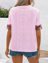 Eyelet Embroidered V-Neck Short Sleeve Blouse - Trendsi - Flyclothing LLC