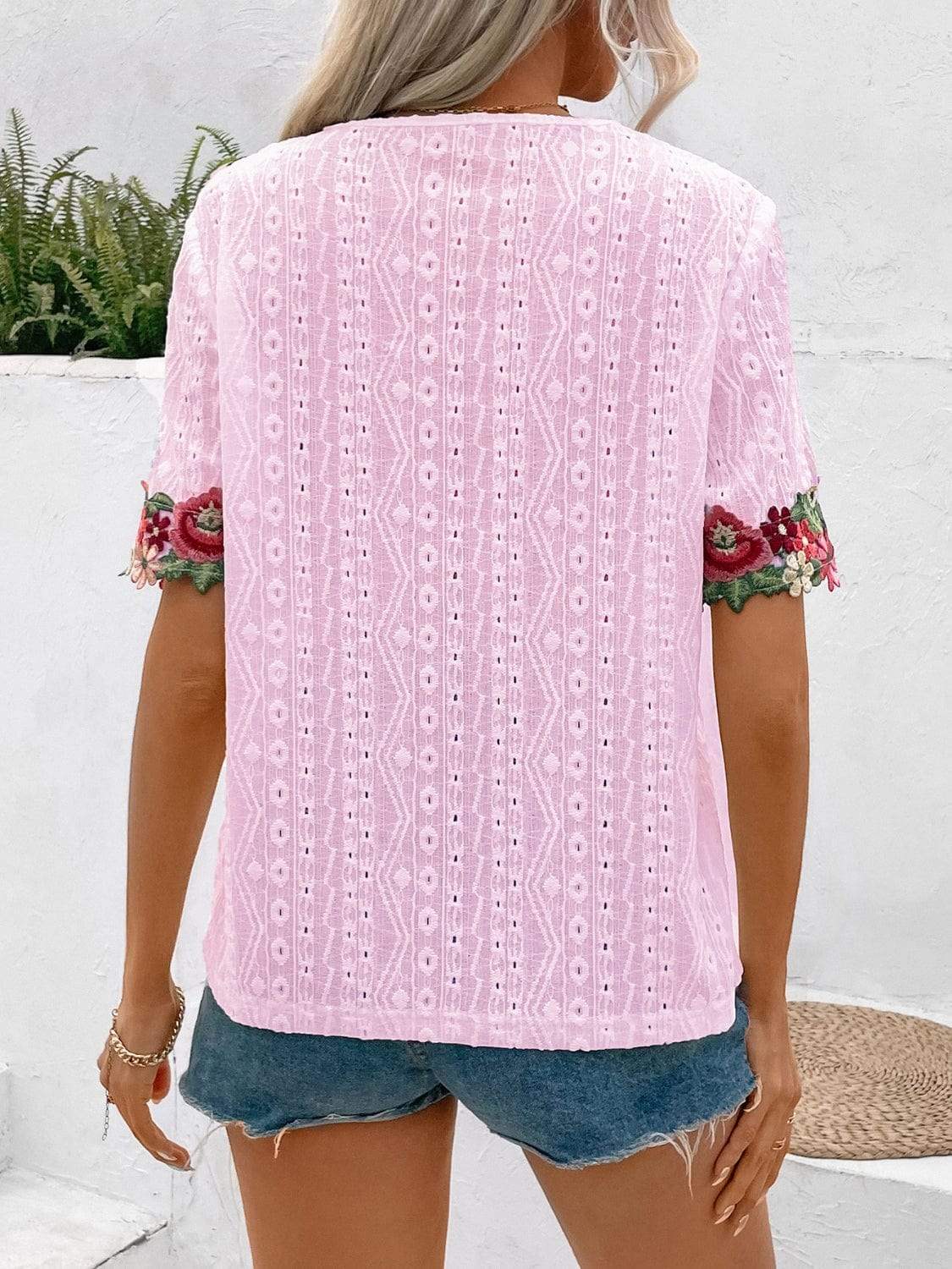 Eyelet Embroidered V-Neck Short Sleeve Blouse - Trendsi - Flyclothing LLC