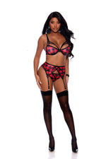 Elegant Moments Buffalo Plaid Print Bra With Strappy Front Detail Underwire Cups Adjustable Straps And Hook And Eye Back Closure Garter Belt Has Adjustable Garters And Hook And Eye Back Matching Panty Included