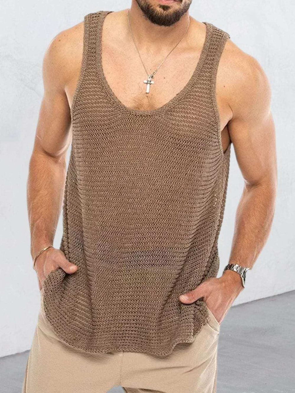Men's Plus Size Scoop Neck Knit Tank - Trendsi - Flyclothing LLC