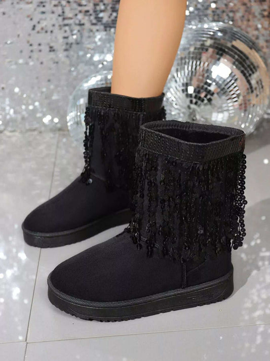 Sequin Fringe Suede Winter Boots - Trendsi - Flyclothing LLC