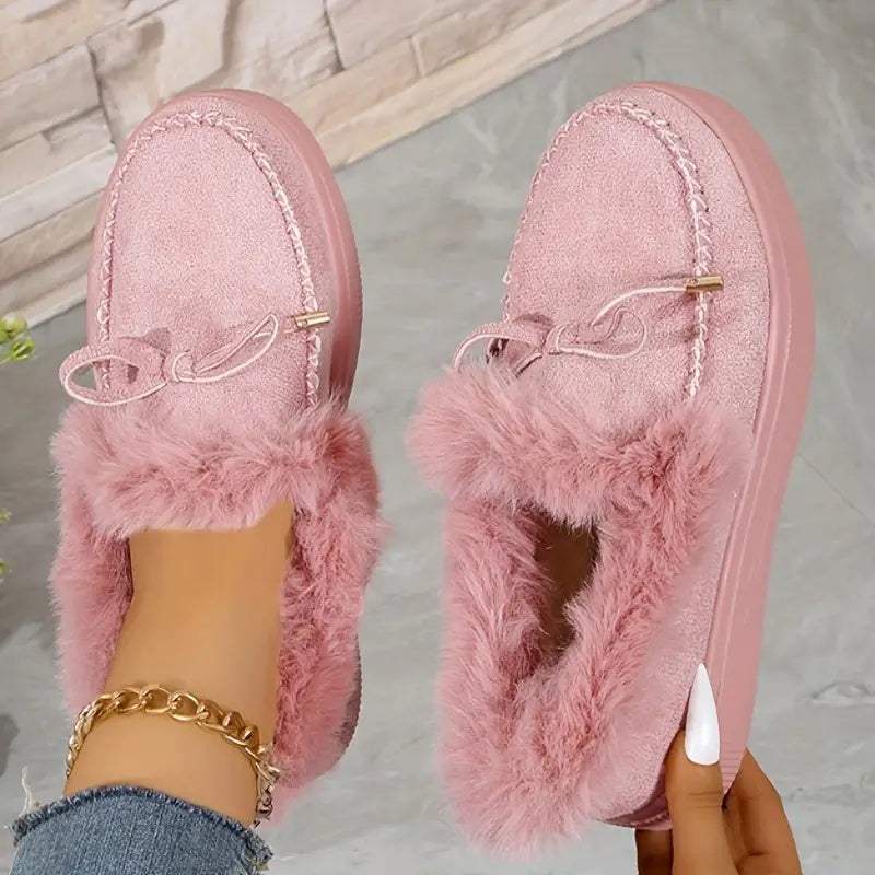Bow Furry Round Toe Flat Slip-Ons - Trendsi - Flyclothing LLC