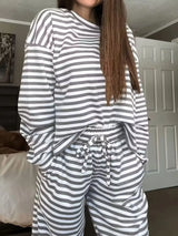 Striped Round Neck Top and Pants Set - Trendsi - Flyclothing LLC