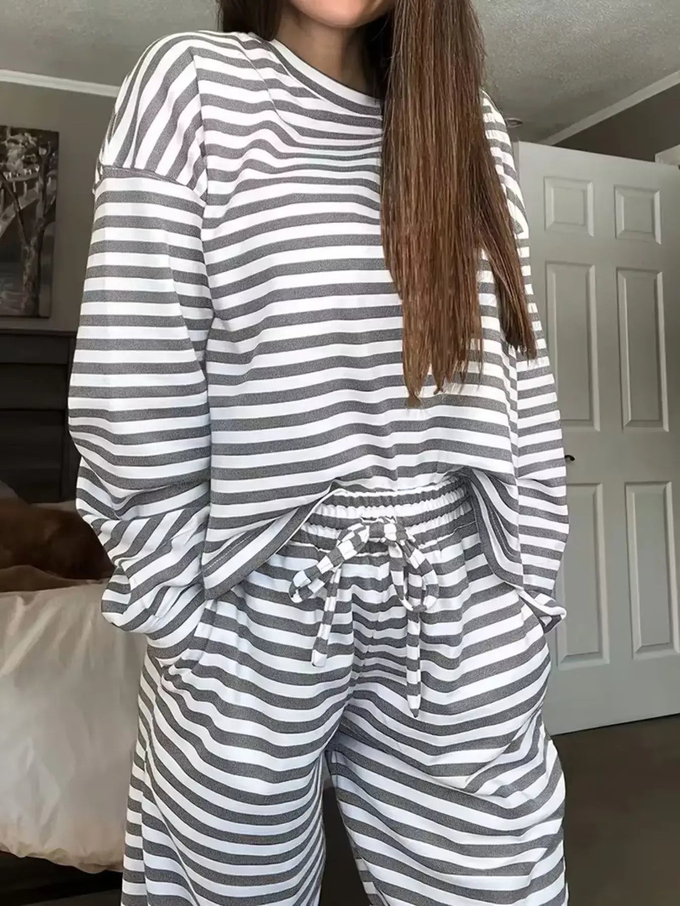 Striped Round Neck Top and Pants Set - Trendsi - Flyclothing LLC