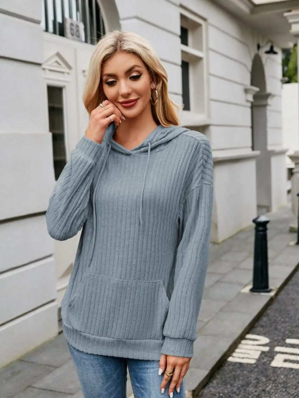 Ribbed Drawstring Long Sleeve Hoodie - Trendsi - Flyclothing LLC