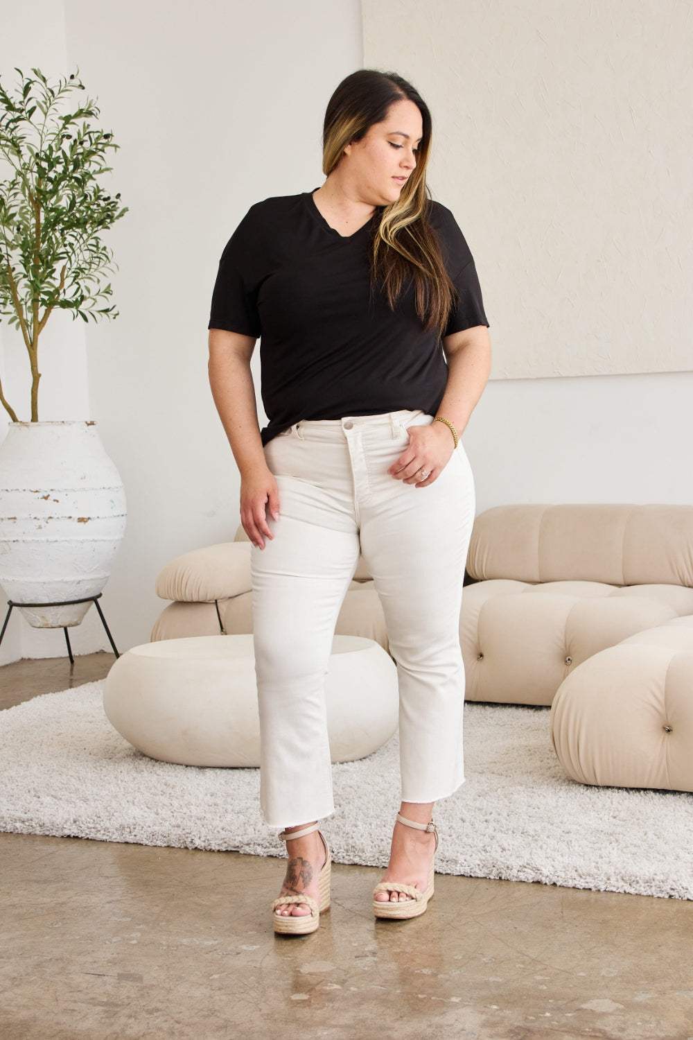 RFM Mini Mia Full Size Tummy Control High Waist Raw Hem Jeans - Trendsi - Flyclothing LLC