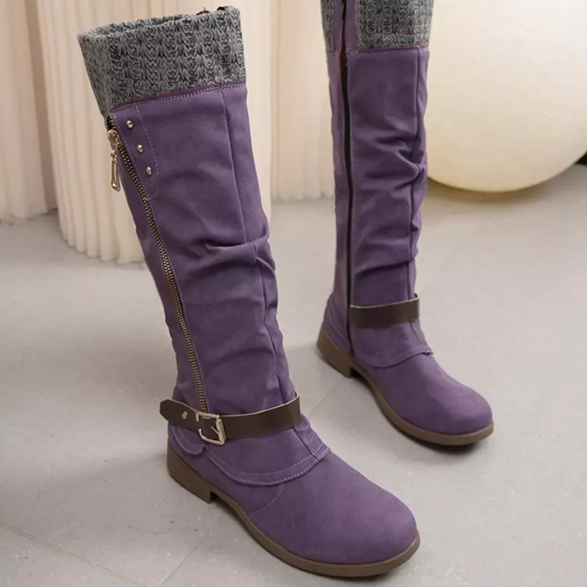 Knee High Slouch Boots with Knit Cuff - Trendsi - Flyclothing LLC