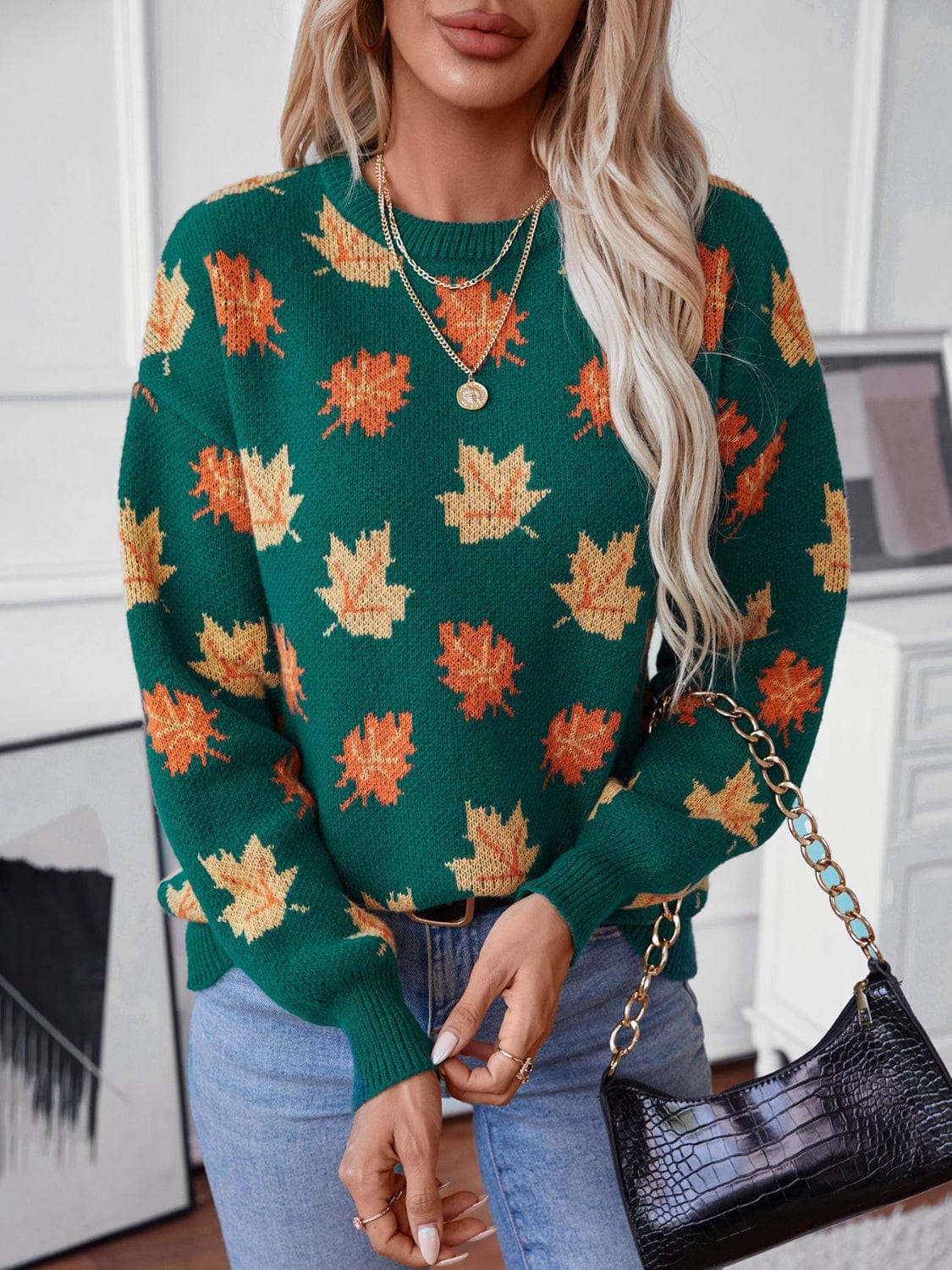 Maple Leaf Round Neck Long Sleeve Sweater - Trendsi