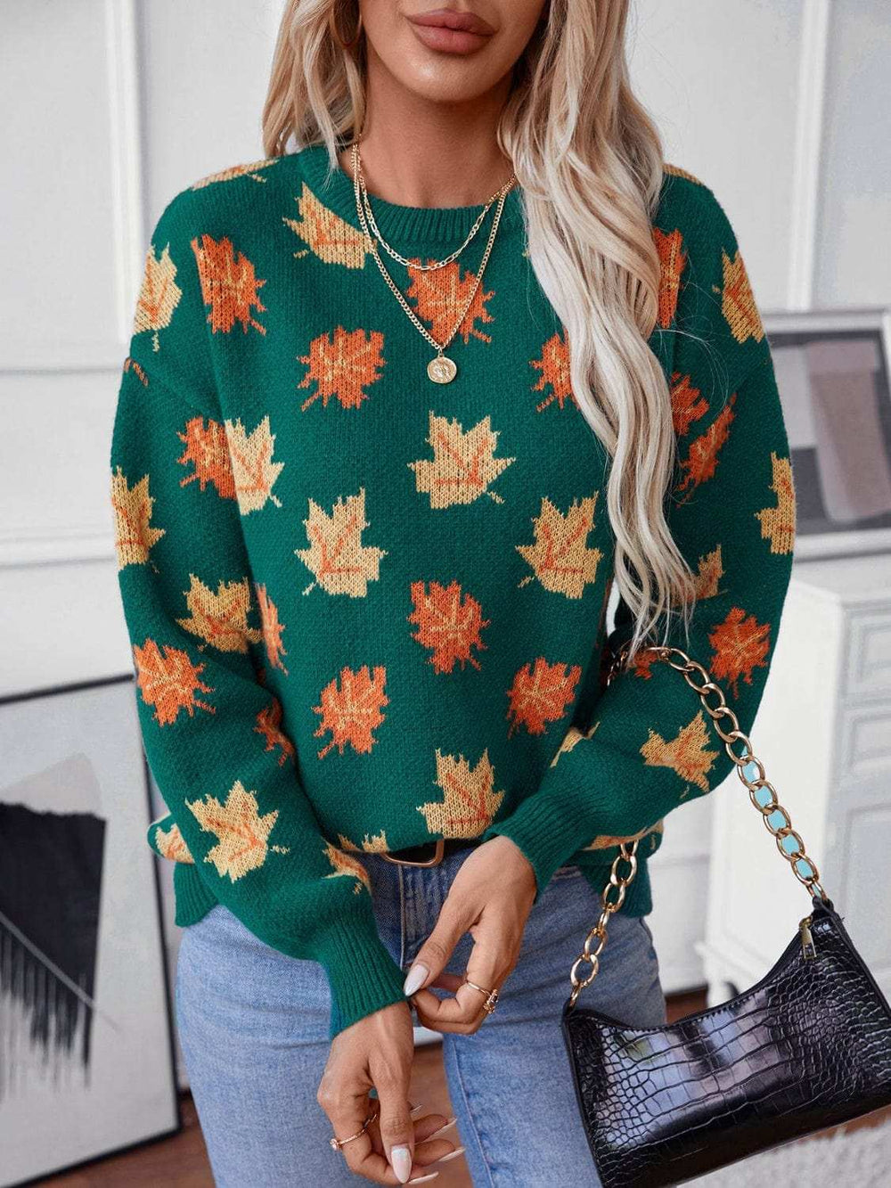 Maple Leaf Round Neck Long Sleeve Sweater - Trendsi - Flyclothing LLC