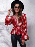 Ruched Printed V-Neck Long Sleeve Blouse - Trendsi - Flyclothing LLC