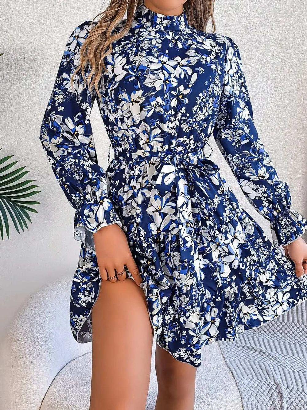 Printed Mock Neck Flounce Sleeve Mini Dress - Trendsi - Flyclothing LLC