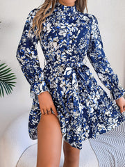 Printed Mock Neck Flounce Sleeve Mini Dress - Trendsi