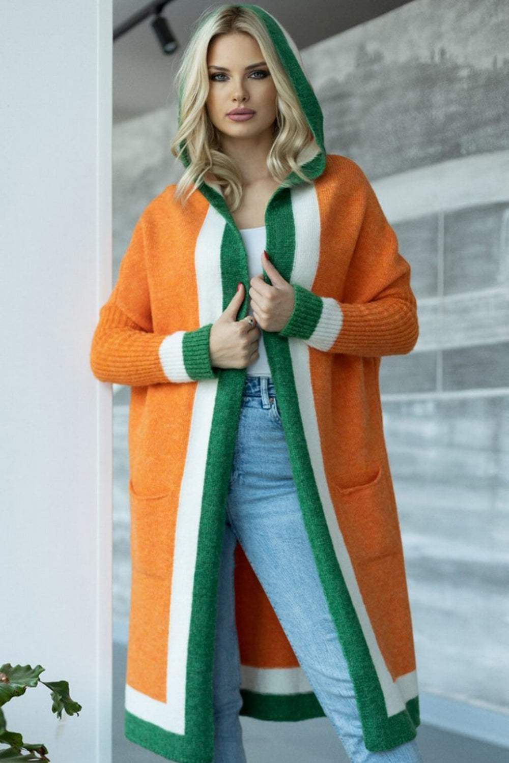 Pocketed Contrast Long Sleeve Hooded Cardigan - Trendsi - Flyclothing LLC