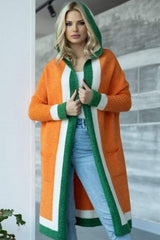 Pocketed Contrast Long Sleeve Hooded Cardigan - Trendsi - Flyclothing LLC