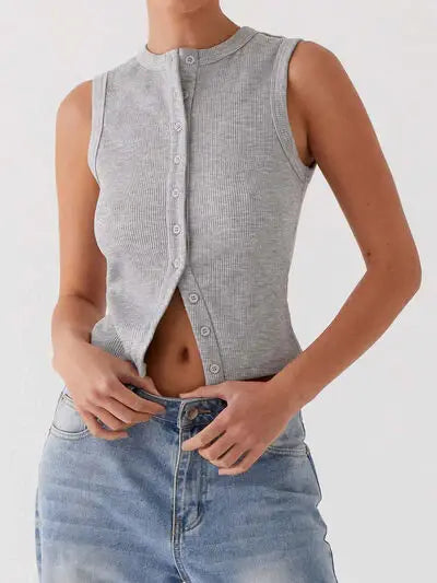 Lovelet Button Up Round Neck Tank - Trendsi - Flyclothing LLC