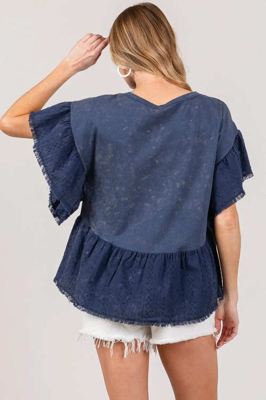 SAGE + FIG Ruffle Sleeve Washed Short Sleeve Blouse - Trendsi - Flyclothing LLC