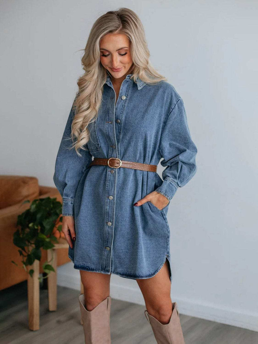 Button Up Collared Neck Long Sleeve Denim Dress - Trendsi - Flyclothing LLC