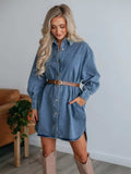 Button Up Collared Neck Long Sleeve Denim Dress - Trendsi - Flyclothing LLC
