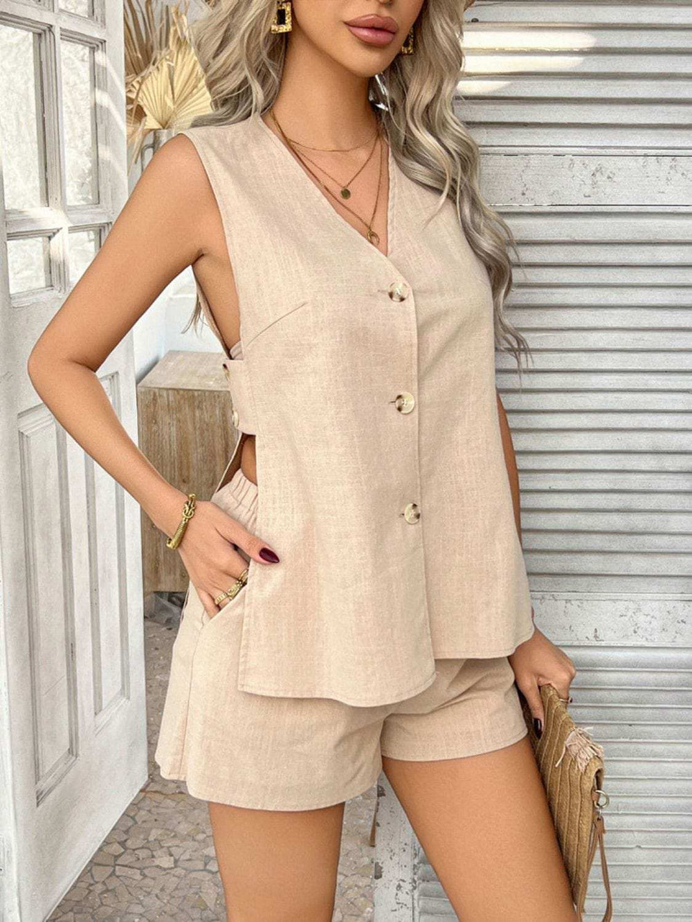 Devine Button Down V-Neck Tank and Shorts Set - Trendsi - Flyclothing LLC