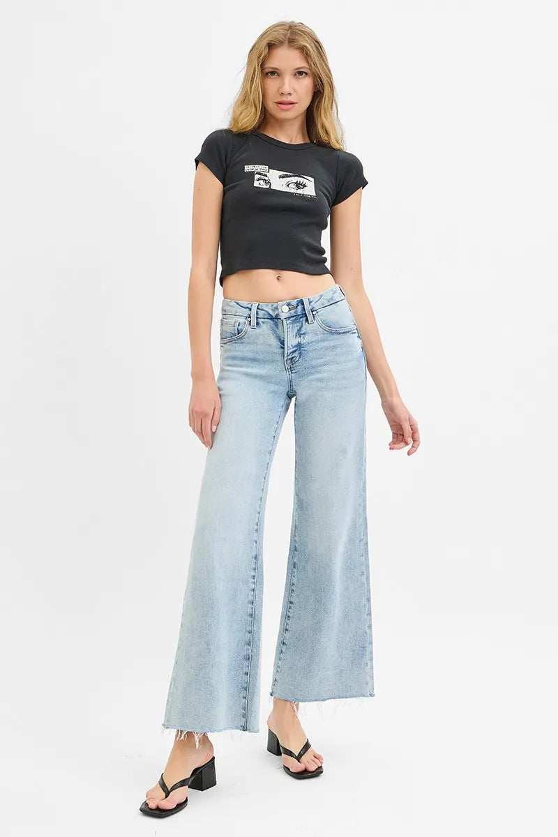 RISEN Full Size Tummy Control Low Rise Wide Leg Raw Cut Hem Jeans Plus Size - Trendsi - Flyclothing LLC