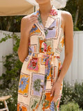 Printed Sleeveless Tie Waist Dress - Trendsi