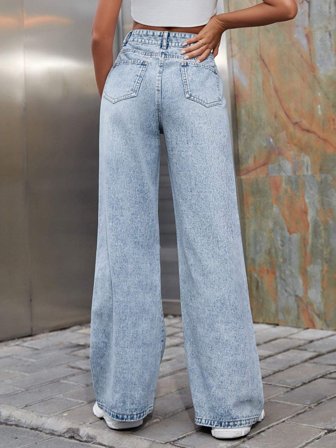 Distressed Wide Leg Jeans with Pockets - Trendsi - Flyclothing LLC