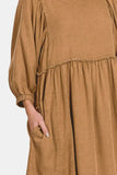 Zenana Washed Linen Pleated Puff Sleeve Babydoll Dress - Trendsi