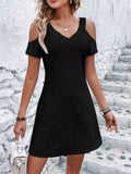 Eyelet V-Neck Cold Shoulder Mini Dress - Trendsi