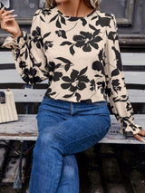 Bow Back Printed Round Neck Flounce Sleeve Blouse - Trendsi - Flyclothing LLC