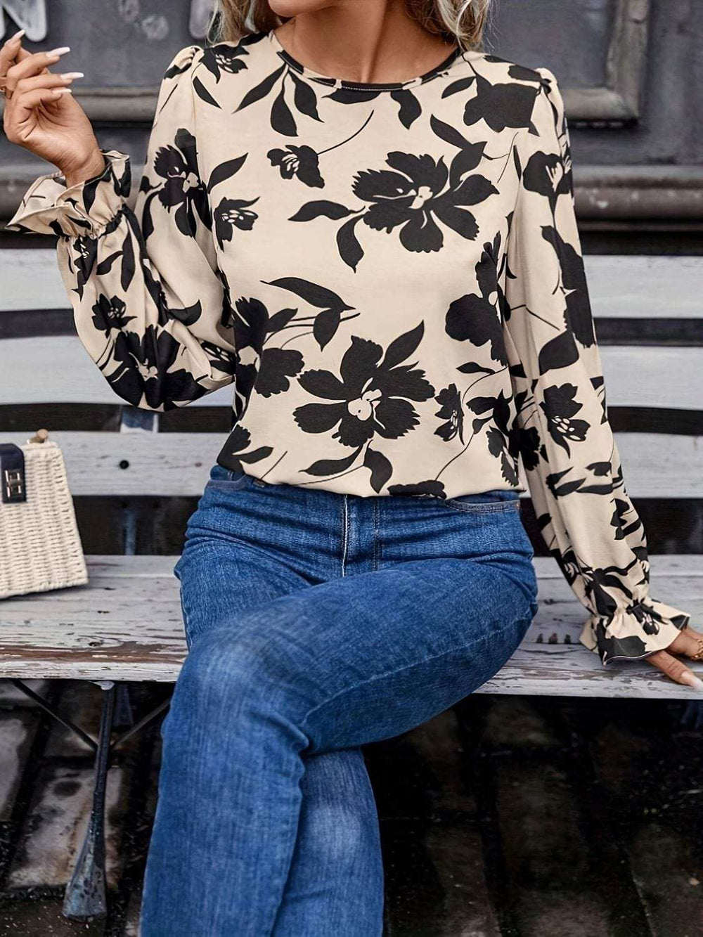 Bow Back Printed Round Neck Flounce Sleeve Blouse - Trendsi - Flyclothing LLC