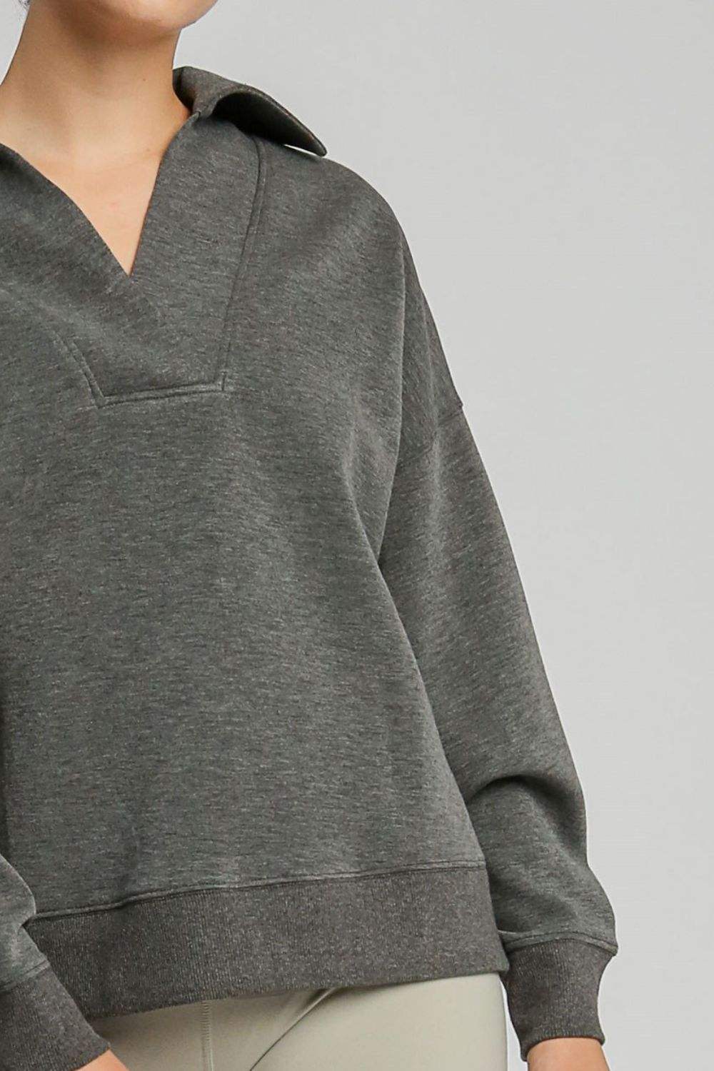 Umgee Johnny Collar Dropped Shoulder Sweatshirt - Trendsi - Flyclothing LLC
