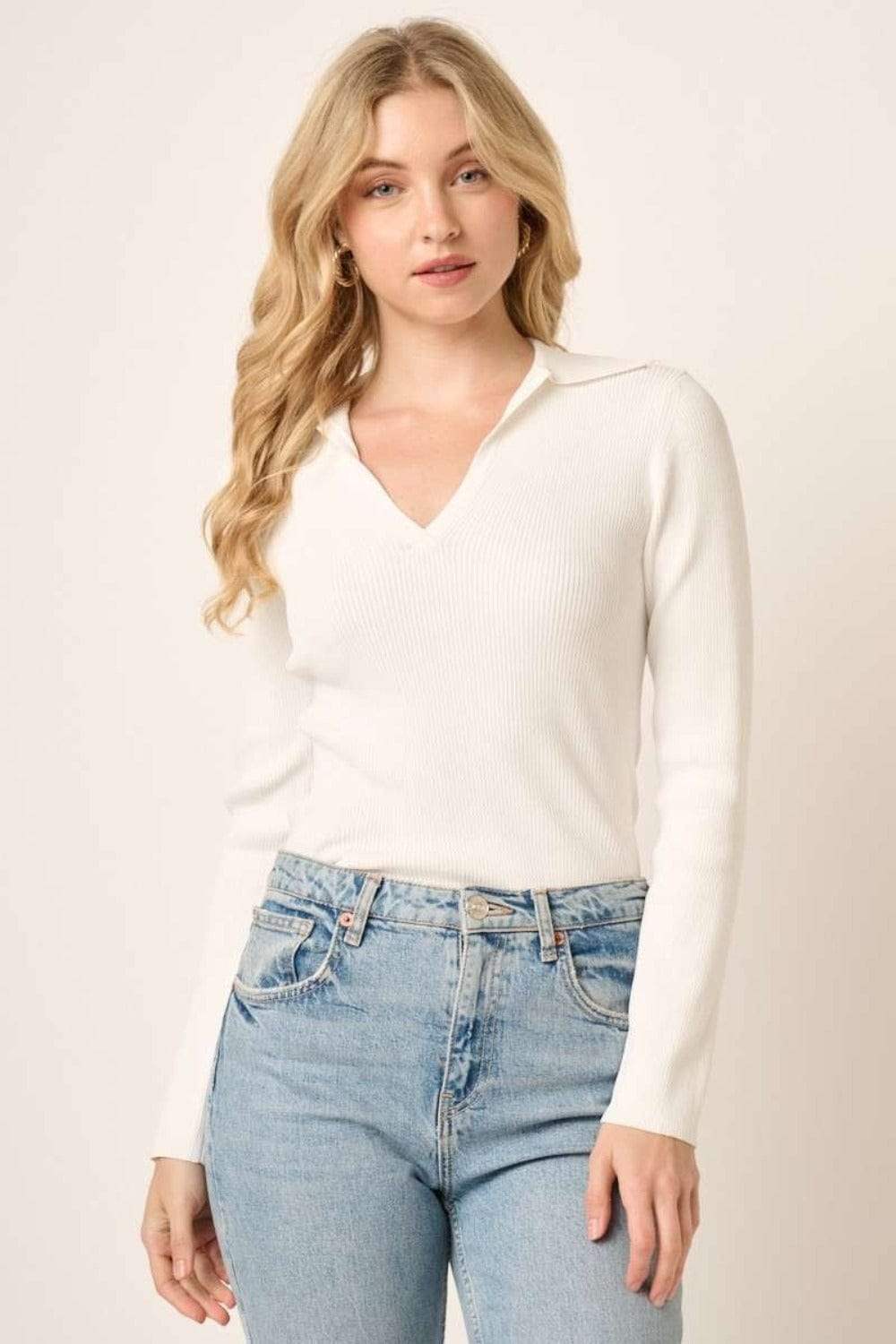 Mittoshop Polo Long Sleeve Ribbed Knit Top - Trendsi - Flyclothing LLC